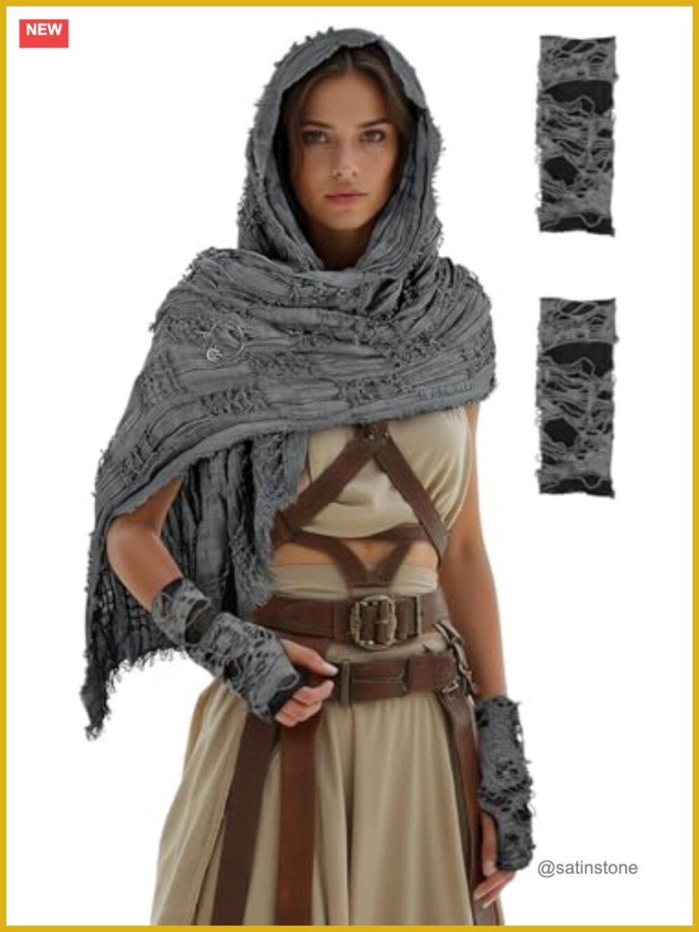 Hooded Shawl with Brooch Desert Wasteland Costume Cape Polyester